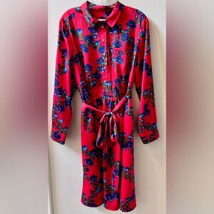 J. Crew Red Floral Button-Up Dress with Blue Accents